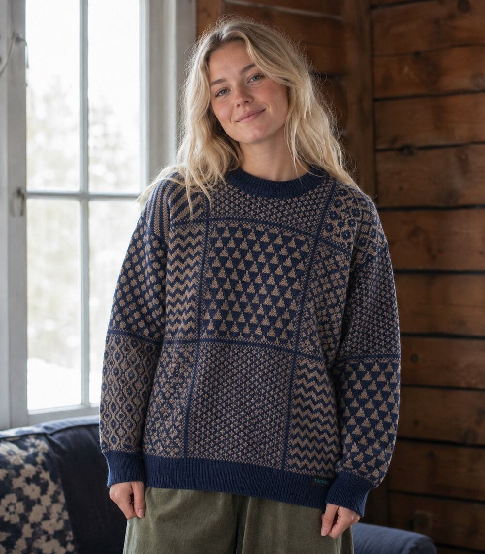A&E Falkland Knitwear 100% Wool Patchwork Fair Isle Sweater Unisex 36” Cabincore
